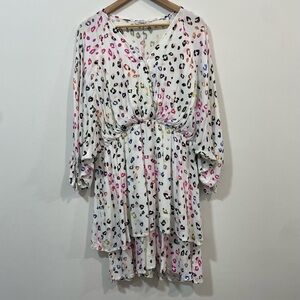 White Birch Pink Black Bishop Sleeve Abstract Print Leopard Sundress Size L
